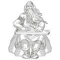 Old rune singer plays the kantel sitting on rock. Hand drawn vector illustration for Kalevala.